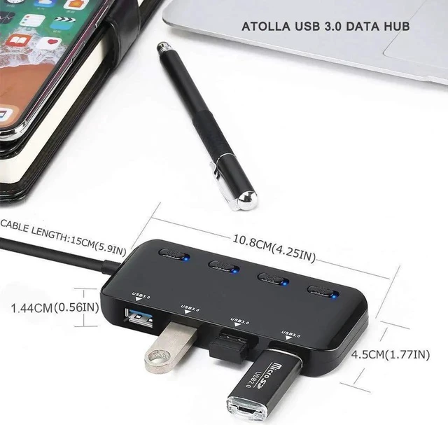 Alt view image 6 of 7 - 4-Port USB 3.0 Hub, Portable Data Hub with Individual Power Switch and LED Compatible iMac Pro, MacBook Air, Mac Mini/Pro, Surface Pro, Notebook PC, Laptop, USB Flash Drives, and Mobile HDD