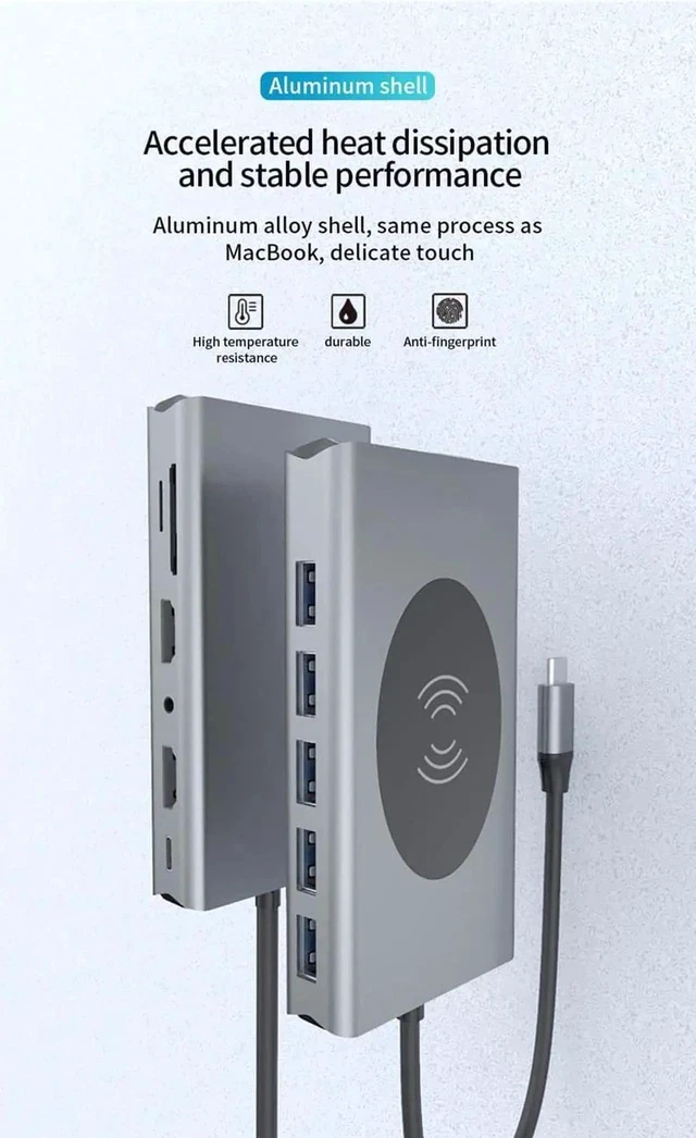 Alt view image 3 of 7 - USB C Docking Station with Dual HDMI, VGA, Qi Wireless Charging, 5×USB3.0, Gigabit Ethernet, 100W PD, SD/TF Card Reader & 3.5mm Audio Jack, Multiport Adapter Compatible with HP, Dell and All Type-C La