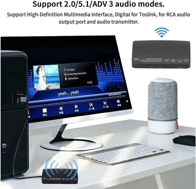 Alt view image 3 of 5 - HDMI Splitter, HDMI Audio Extractor Switch, Bluetooth 5.0/4K/60HZ Analog Stereo R/L Audio Extractor Compatible with Dolby HD/DTS HD/Dolby Atoms/Dolby AC3/DTS/LPCM (HDCN0052M1)