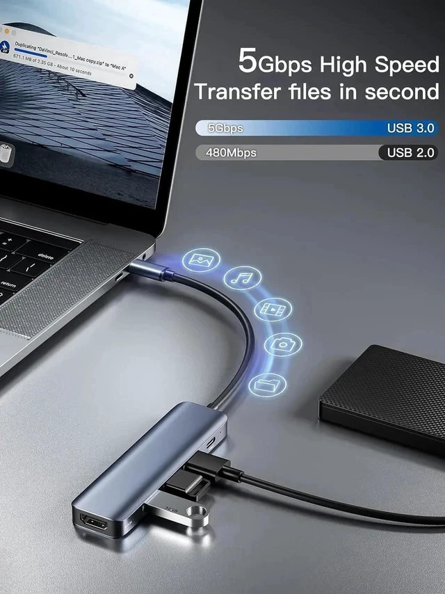 Alt view image 5 of 7 - USB C Hub 5 in 1 Multi-Port Digital AV Adapter 4K HDMI, 100W Power Delivery, 3 USB-A 3.0 Data Ports, USB C Dongle for MacBook Pro/Air, iPad Pro, iMac, iPhone 15 Pro/Pro Max, XPS, and More