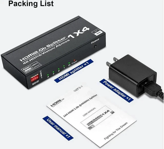 Alt view image 7 of 7 - 4K@60Hz HDMI Splitter 1 in 4 Out, 4 Way HDMI Splitter for Four Monitors, 1x4 HDMI2.0 Splitter Video Distributor Mirror Only, Support EDID, 3D, HDCP2.2, HDR, 4K@60Hz, RGB 8:8:8, HDR 10