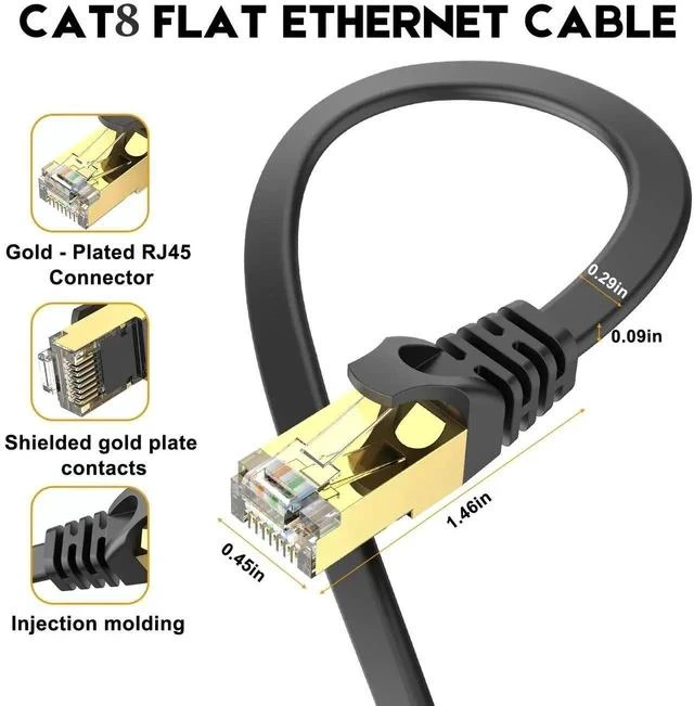Alt view image 6 of 6 - Ethernet Cable 6 ft High Speed, CAT8 Shielded Flat Internet Cable with Clips, Faster Than Cat7 LAN Wire - Black