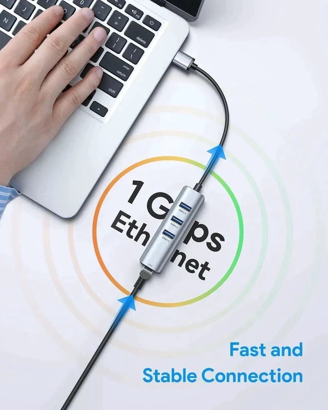 Alt view image 2 of 7 - USB to Ethernet Adapter, USB 3.0 to Ethernet, Aluminum 3 Port USB 3.0 Hub with RJ45 10/100/1000 Gigabit Ethernet Adapter Converter LAN Wired, USB Network Adapter for Laptop MacBook