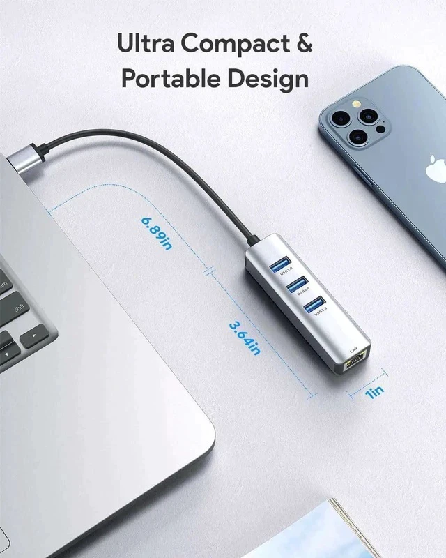 Alt view image 4 of 7 - USB to Ethernet Adapter, USB 3.0 to Ethernet, Aluminum 3 Port USB 3.0 Hub with RJ45 10/100/1000 Gigabit Ethernet Adapter Converter LAN Wired, USB Network Adapter for Laptop MacBook