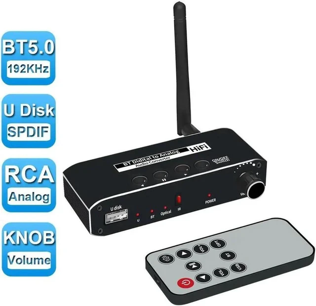 Alt view image 2 of 7 - 192kHz Digital to Analog Audio Converter with Volume Adjustable Toslink Optical to RCA DAC Decoder Digital DAC Converter SPDIF TOSLINK to Stereo L/R 3.5mm Jack with Volume Control Remote