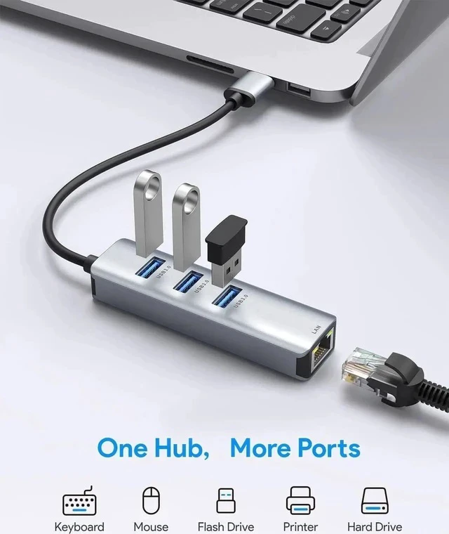 Alt view image 6 of 7 - USB to Ethernet Adapter, USB 3.0 to Ethernet, Aluminum 3 Port USB 3.0 Hub with RJ45 10/100/1000 Gigabit Ethernet Adapter Converter LAN Wired, USB Network Adapter for Laptop MacBook