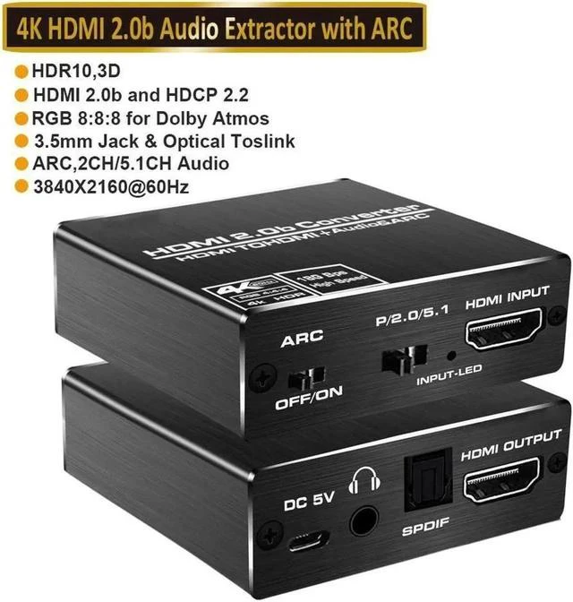 Main image of Aluminum Shell 4K@60Hz HDMI 2.0 Audio Extractor HDMI-ARC Converter SPDIF + 3.5MM Output 18Gbps, HDCP 2.2, 1080P@120Hz, 1080P@144Hz, Compatible with Dolby_Digital/DTS CEC HDR10,(OZV8-1)