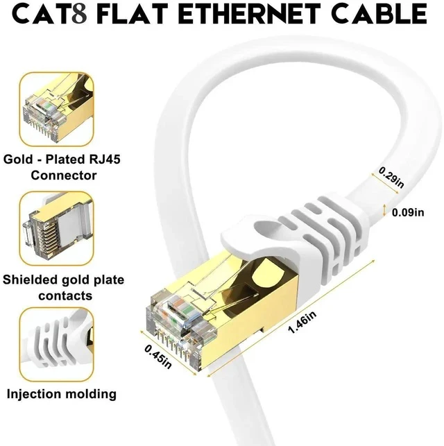 Alt view image 3 of 7 - Ethernet Cable 50 ft, CAT8 Standard High Speed Shielded Flat Internet Cable with Clips, Faster Than Cat7 LAN Wire - White 15 M