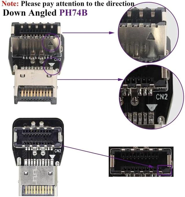 Alt view image 5 of 7 - 2Pack 90 Degree USB 3.2 Front Panel Internal Connector Down-Right Angle Type-E USB 3.1 Female to Male Front Panel Socket Adapter for Type-E Motherboard Extension Data Adapter(Type-E/Down)