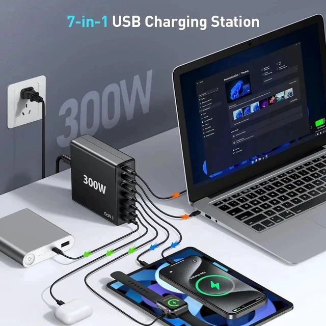 Alt view image 5 of 5 - USB C Fast Charger Block 300W: 7 Port USB Charging Station Hub Brick - Dual PPS PD 100W Laptop Wall Charger Power Adapter for MacBook Pro HP Surface iPad iPhone Galaxy Android