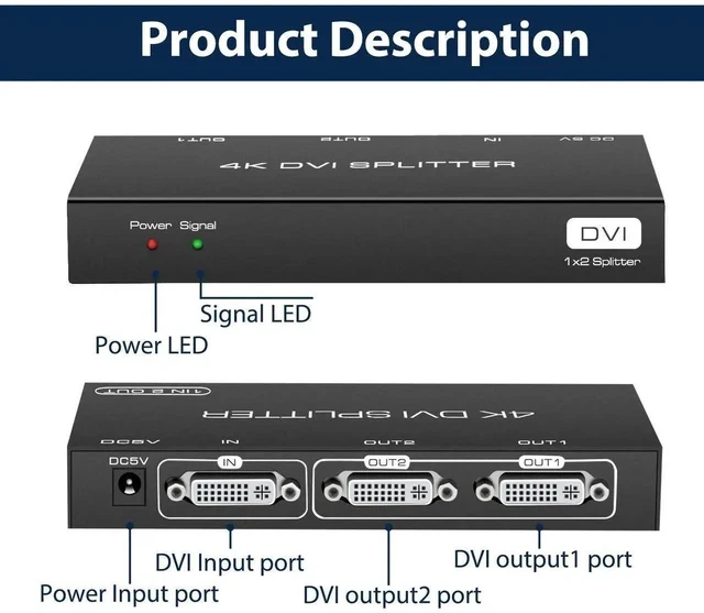 Alt view image 3 of 6 - DVI Splitter 1 in 2 Out 2 Port DVI Dual Monitors Distribution Duplicator Video Splitter Support EDID Management Resolution up to 4K30Hz for PC Laptop DVR Projector HDTV