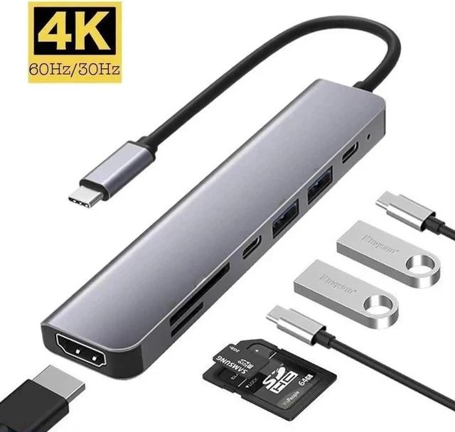 Main image of USB C Hub for Laptop 7 in 1 USB C Dongle 4K HDMI, 100W PD Charging, USB-C & USB-3.0 5Gbps Data Ports, USB-A, SD/TF Card Reader for MacBook Pro/Air, iPad Pro, and Other Type C Laptops