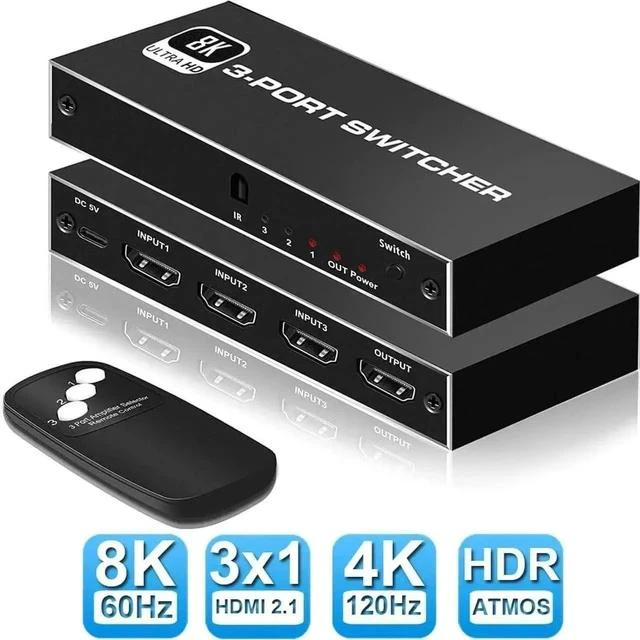 Main image of 3 in 1 Out 8K HDMI 2.1 Switch with IR Remote, 48Gbps High Speed HDMI Switcher Selector Supports 8K@60Hz, 4K@120Hz, 2K@144Hz, HDR, CEC, Dolby Vision, HDCP 2.3 for PS5, Xbox Series X/S, PC, UHD TV, Moni