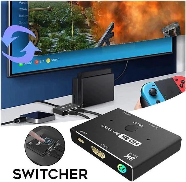 Main image of 2 in 1 out HDMI-compatible 2.1 Switch Ultra HD 8K@60Hz 4K@120Hz Switcher Splitter With switch button 2 sources to 1 display For 2 sources to 1 display PS4/PS5 Xiaomi TV Box HDTV Splitter