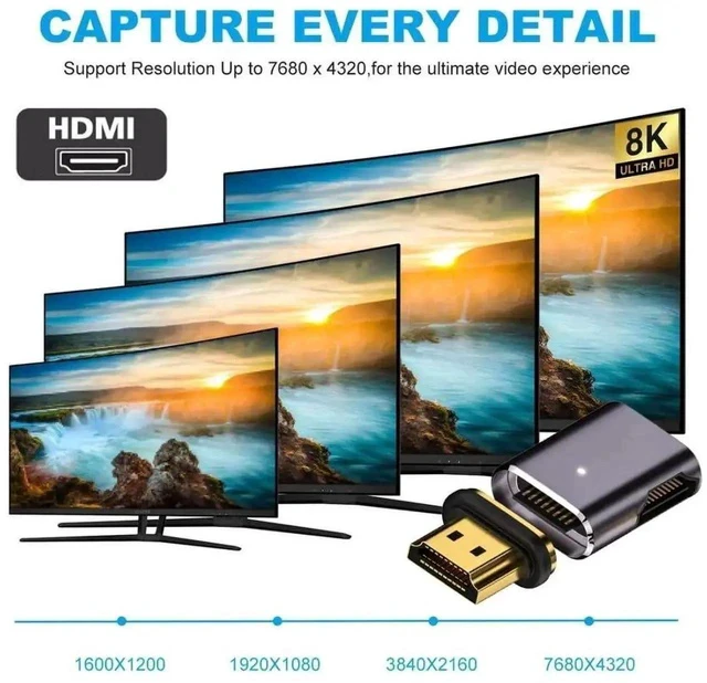 Alt view image 7 of 7 - Magnetic 90 Degree Right Side HDMI 2.1 Adapter, 48Gbps High Speed Gold-Plated HDMI Male to Female Gender Changer Support 8K@60Hz, 4K@120Hz for TV, Gaming Monitor, Game Console