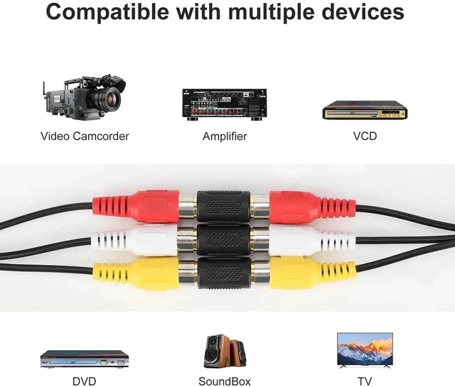 Alt view image 6 of 7 - RCA Female to Female Coupler, 10 Pack Audio Video Adapter Connector Gold Plated Jack to Jack Converter Cable Extender for Amplifier, Speaker, TV