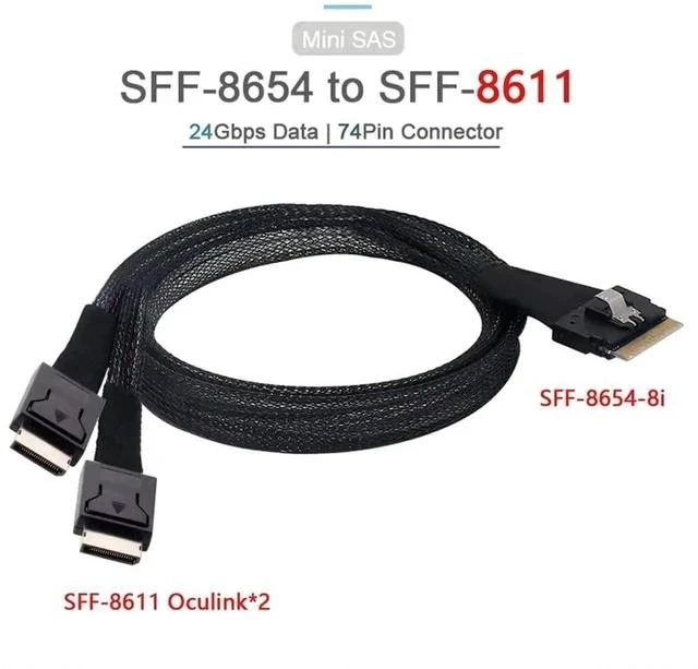 Alt view image 5 of 7 - 50CM PCIe 4.0 SlimSAS 8i Fanout Cable, SFF-8654 74Pin x8 Host to Dual OCuLink SFF-8611 Storage Interconnection Cable for High-Density Server OCP Storage Expansion