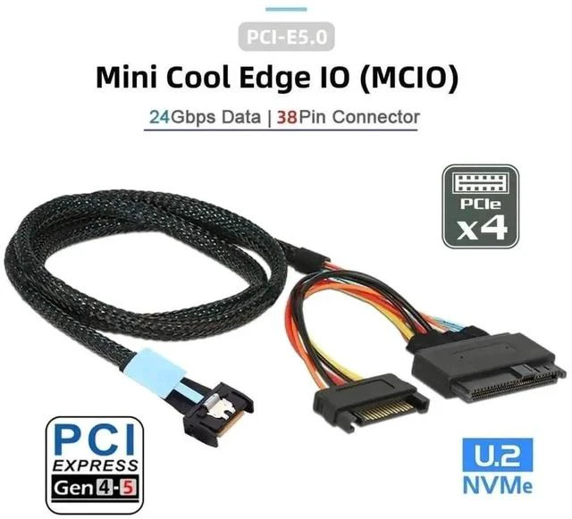 Alt view image 2 of 7 - 0.5M PCIe 5.0 x4 MCIO SFF-TA-1016 38Pin to U.2 SFF-8639 Cable with SATA 15Pin Power, 64Gbps High Speed MCIO Extension Wire for AI Server, HPC Workstation, U.2 NVMe SSD & External Storage Docking