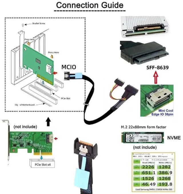 Alt view image 4 of 7 - 0.5M PCIe 5.0 x4 MCIO SFF-TA-1016 38Pin to U.2 SFF-8639 Cable with SATA 15Pin Power, 64Gbps High Speed MCIO Extension Wire for AI Server, HPC Workstation, U.2 NVMe SSD & External Storage Docking