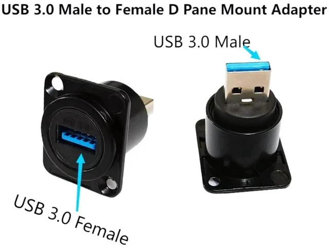 Alt view image 4 of 6 - USB3.0 D Type Panel Mount Adapter Male to Female Connector Straight Through Panel Socket for USB Extension Data Transfer 5Gbps Charging Black