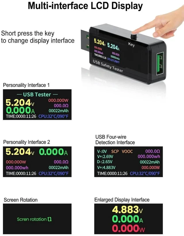 Alt view image 6 of 7 - USB 3.0 Tester Multimeter 3.7-32V 0-5.1A USB Voltage Tester USB Digital Current and Voltage Tester Meter Voltmeter Ammeter IPS Color Display Capacity Power Charger Detector