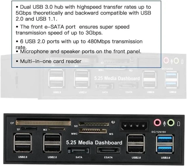Alt view image 3 of 5 - Multi-Function USB 3.0 Hub eSATA SATA Port Internal Card Reader PC Dashboard Media Front Panel Audio for SD MS CF TF M2 MMC Memory Cards Fits 5.25" Bay