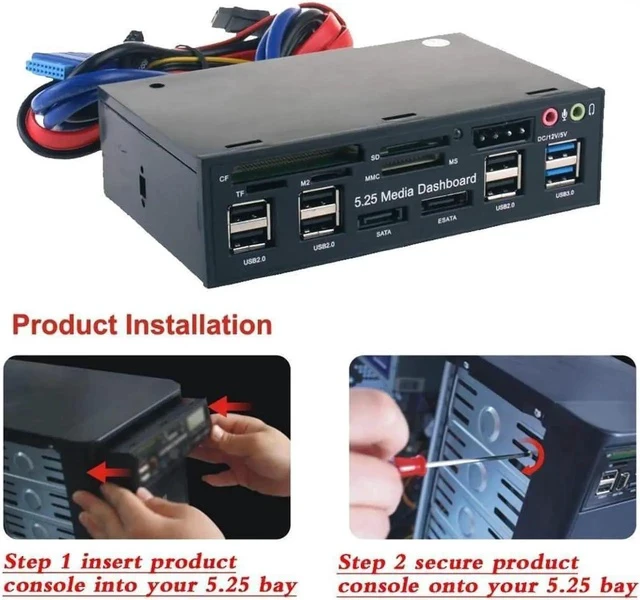 Alt view image 4 of 5 - Multi-Function USB 3.0 Hub eSATA SATA Port Internal Card Reader PC Dashboard Media Front Panel Audio for SD MS CF TF M2 MMC Memory Cards Fits 5.25" Bay