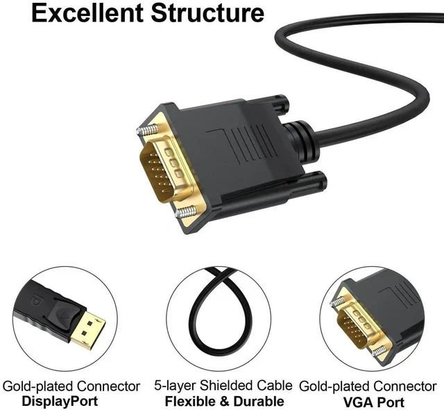 Alt view image 2 of 7 - DisplayPort to VGA Cable 6 Ft, 2-Pack Display Port DP to VGA Adapter Cord Male to Male HD Video 1080P for Computer, Monitor, TV, Projector