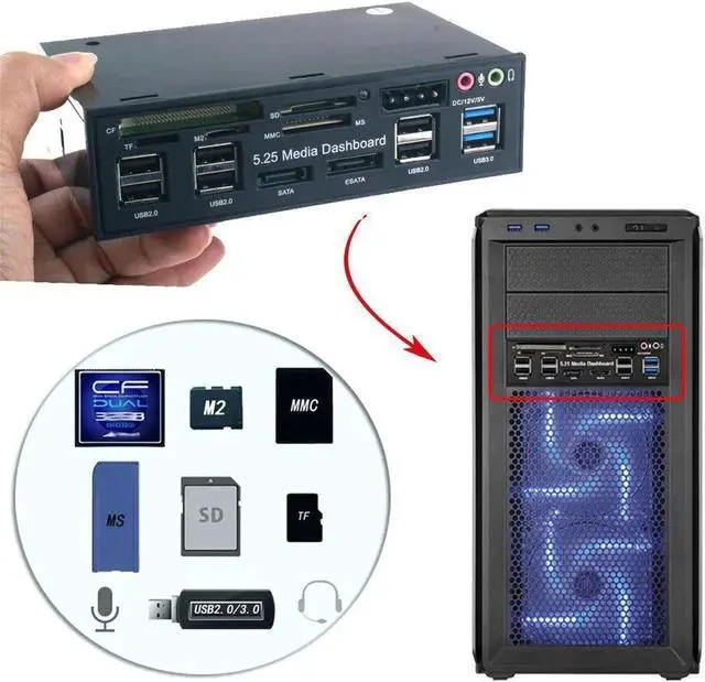 Alt view image 3 of 3 - 5.25 Inch PC Media Dashboard Front Panel Audio With SATA eSATA 2 x USB 3.0 And 6 x USB 2.0 Hub SD TF MMC M2 CF MS Card Reader