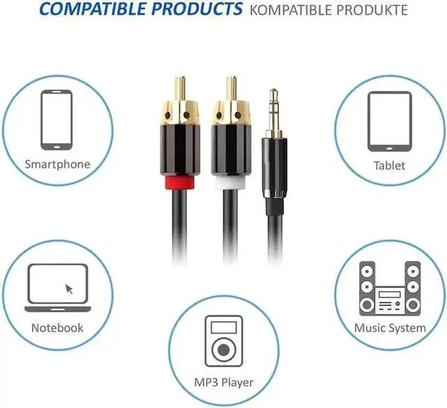Alt view image 4 of 7 - RCA to 3.5mm Audio Cable, 3.5mm Male to 2RCA Male RCA Cable, Y Splitter Stereo Audio Cable for Subwoofer, Receiver, Speakers and More, 2 Meters / 6.6ft.
