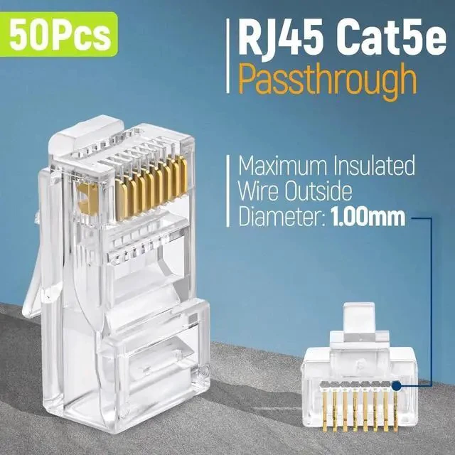 Alt view image 2 of 7 - Aomoproing Cat5e RJ45 Pass Through Connector 50-Pack - EZ Cat 5e Pass Through RJ45 Connectors - Cat 5e Connectors - Ethernet Connector, Ethernet Plug - for Solid or Stranded UTP Network Cable