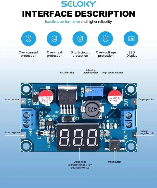 Alt view image 2 of 7 - LM2596 DC-DC Buck Power Converter Module, Adjustable Voltage Regulator 4-40V to 1.25-37V Buck Converter with LED Voltmeter DisplayPack of 3