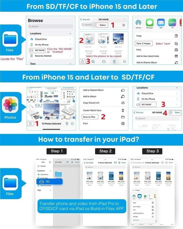 Alt view image 3 of 5 - USB C SD/TF/CF Memory Card Reader for iPad/Mac/iPhone 15 and Above, Type-C to CF SD TF 3 in 1 SLR Camera Card Reader with iPad MacBook Pro/Air/Mini Mac/Android Laptop/Tablet/Phone/Galaxy S21 S22 S23