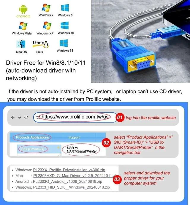 Alt view image 7 of 7 - 10 Feet USB to Serial Female Adapter Cable DB9 RS232 to USB 2.0 Cord with Prolific PL2303 Chip Windows 11 10 8 7 Mac Linux (9 Pin 2 Row DB-9 F Connector)
