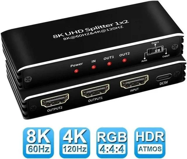 Main image of 4K120Hz HDMI Splitter 1in2 Out,ESTONE 1x2 Power HDMI Splitter 2 Ports w/AC Adapter, 8Kx2K@30Hz 3D Full HD Distributor for Xbox PS5 Blu-Ray Player, HDTV Support 48Gbps, HDCP 2.3 RGB 4:4:4