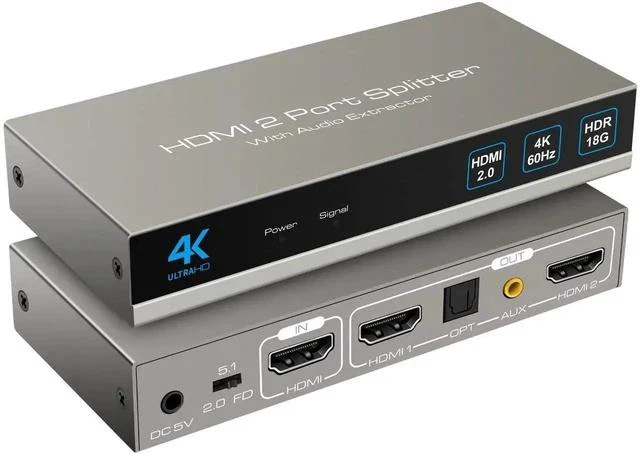 Main image of HDMI Splitter Audio Extractor 4K60Hz 1 in 2 Out with Optical and 3.5mm for Dual Monitors Duplicate or Mirror Only Supports HDMI 2.0 18G HDR Scale HDCP EDID Dolby DTS