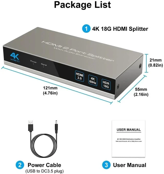 Alt view image 5 of 7 - HDMI Splitter Audio Extractor 4K60Hz 1 in 2 Out with Optical and 3.5mm for Dual Monitors Duplicate or Mirror Only Supports HDMI 2.0 18G HDR Scale HDCP EDID Dolby DTS