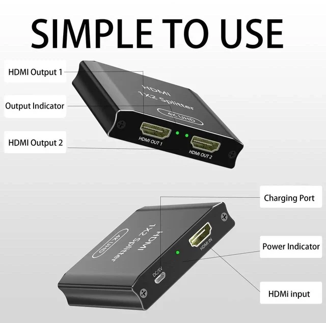 Alt view image 7 of 7 - HDMI Splitter 1 in 2 Out, 4K HDMI Splitter for Dual Monitors (Not for Extended Display, Mirror Only/Copy Mode), Sends Same Content to 2 Screens, Works with Laptop, TV, Monitor(HDMI Cable Not Included)
