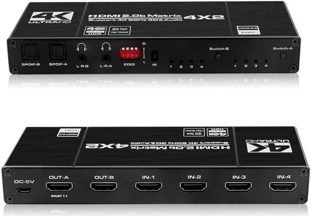 Main image of HDMI Matrix 4x2, 4K HDMI Matrix Switch 4 in 2 Out Switcher Splitter Box with 2xSPDIF Audio 2x3.5mm L/R Audio and IR Remote Control Support Ultra 4Kx2K@60Hz HDR10 3D 1080PHDMI2.0b HDCP2.2