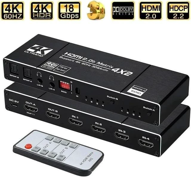 Main image of 4K@60Hz HDMI Matrix Switch Splitter 4 in 2 Out with Remote, 4x2 HDMI Splitter Switcher 4K with 2xSPDIF & 2x3.5mm Audio, Support 4K,3D, 1080p,HDCP2.2, HDR 10 for PS4,Xbox,Fire Stick,etc