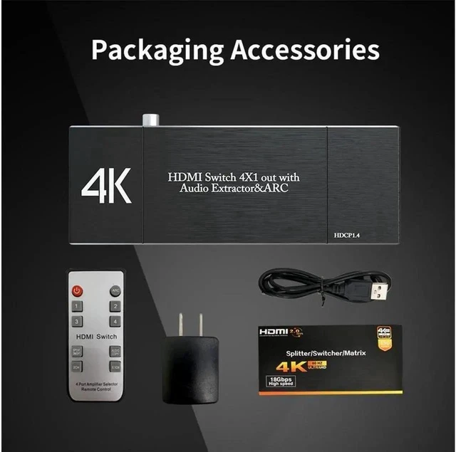 Alt view image 4 of 7 - 4x1 HDMI Switch,4 in 1 Out HDMI Switcher Audio Extractor( Optical + 3.5mm AUX + Coaxial Output) ,Support Ultra HD 4K,3D 1080P,Audio EDID Extractor with IR Remote Control, OZQ7
