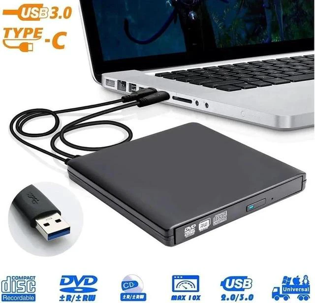 Main image of Aluminum External CD DVD Drive, USB Type C Dual Port CD Drive, DVD +/-RW CD +/-RW Writer Burner Player with Classic Silver for MacBook Air, MacBook Pro, Mac OS, PC Laptop (XD058, Black)