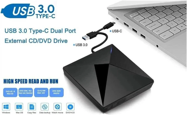 Alt view image 3 of 7 - External DVD CD Drive with USB 3.0 and Type-C Interface, Portable USB CD-RW/DVD-RW Reader Player Burner for Windows,Win10/XP/Win 7/Win 8 Laptop, Mac, MacBook Air/Pro, Apple, iMac