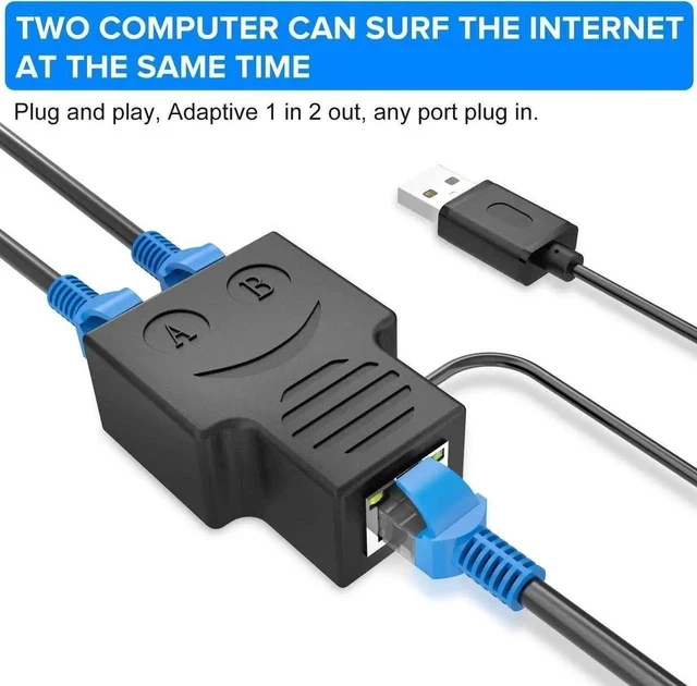 Alt view image 2 of 7 - Upgraded 1 Male to 2 Female RJ45 Ethernet Splitter Adapter, Black LAN Network Splitter Compatible with Cat5/Cat5e/Cat6/Cat7 Ethernet Cables