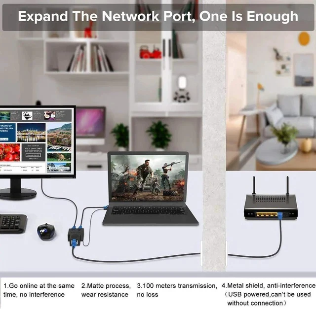 Alt view image 3 of 7 - Upgraded 1 Male to 2 Female RJ45 Ethernet Splitter Adapter, Black LAN Network Splitter Compatible with Cat5/Cat5e/Cat6/Cat7 Ethernet Cables