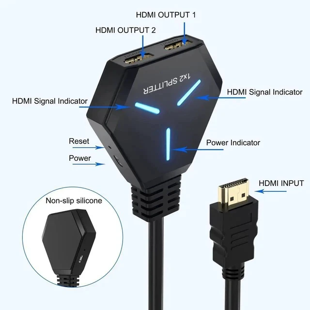 Alt view image 6 of 7 - HDMI Splitter, HDMI Splitter for Dual Monitors Duplicate/Mirror (Not Extend), 4K HDMI Splitter 1 in 2 Out for Full HD 4K@30hz, 1080P, 3D, Compatible with Xbox, PS4, PS5, TV, Projector, Computer