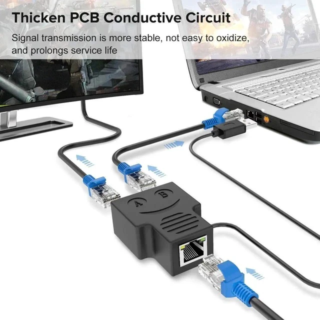 Alt view image 7 of 7 - Upgraded 1 Male to 2 Female RJ45 Ethernet Splitter Adapter, Black LAN Network Splitter Compatible with Cat5/Cat5e/Cat6/Cat7 Ethernet Cables