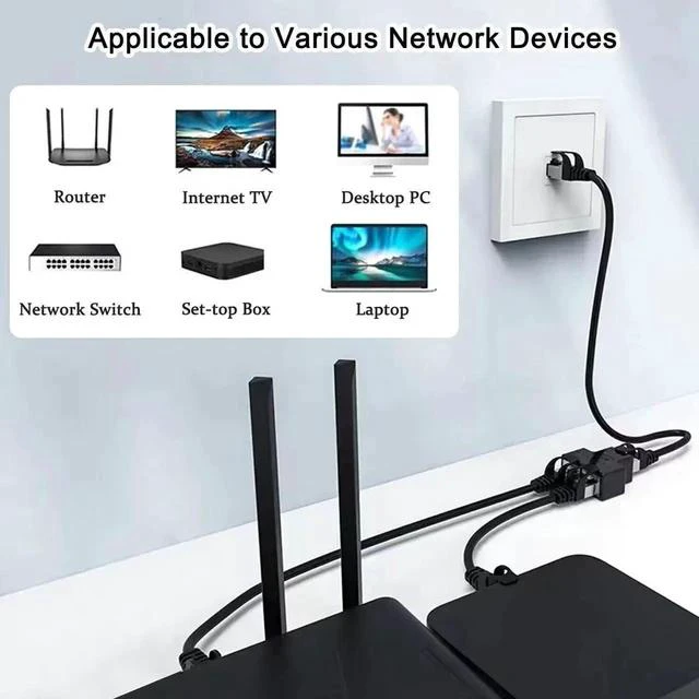 Alt view image 2 of 6 - 1 to 2 RJ45 Ethernet Splitter Adapter, LAN Internet Splitter Compatible with Cat5/Cat5e/Cat6/Cat7/Cat8 Cable, Works with Starlink Ethernet Connection