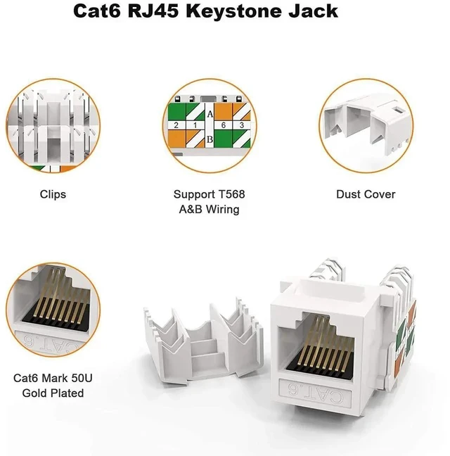 Alt view image 3 of 7 - 10 Pack White Cat6 RJ45 Keystone Jack, Ethernet Modular Female Keystone Connector for Wall Plate Network Cabling