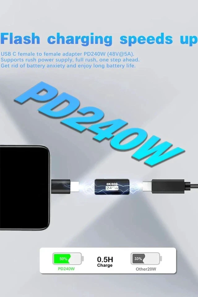 Alt view image 6 of 7 - 80Gbps USB C Female to Female Adapter (240W Fast Charging and 8K@60Hz Video) USB C Coupler Bidirectional Converter for iPad, MacBook,Thunderbolt 5/4 and Type-C Devices (2Pack)